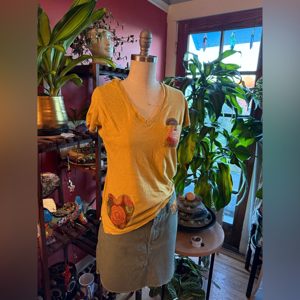 Mustard colored v neck t shirt
Hand crafted by Heidi
